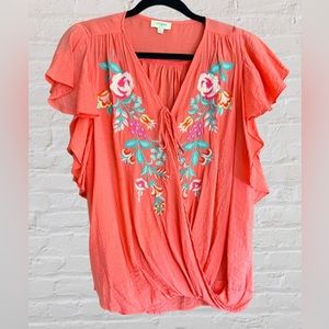 Umgee Vibrant Coral Embroidered Floral Blouse Cross Over V-Neck Like New